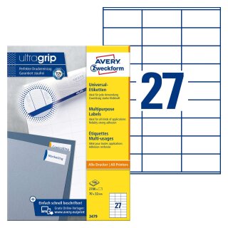 Avery Zweckform® 3479 Universal-Etiketten (A4, Papier matt, 2.700 Etiketten, 70 x 32 mm) 100 Blatt weiß