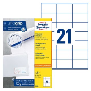Avery Zweckform® 3481 Universal-Etiketten (A4, Papier matt, 2.100 Etiketten, 70 x 41 mm) 100 Blatt weiß