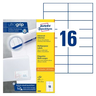 Avery Zweckform® 3484 Universal-Etiketten (A4, Papier matt, 1.600 Etiketten, 105 x 37 mm) 100 Blatt weiß