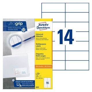 Avery Zweckform® 3653 Universal-Etiketten (A4, Papier matt, 1.400 Etiketten, 105 x 42,3 mm) 100 Blatt weiß