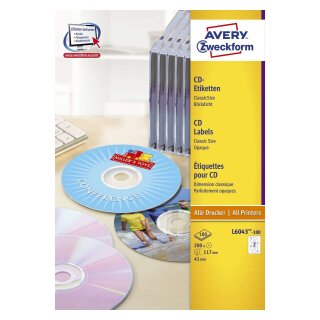 Avery Zweckform® L6043-100 CD-Etiketten, Ø 117 mm, 100 Blatt/200 Etiketten, weiß