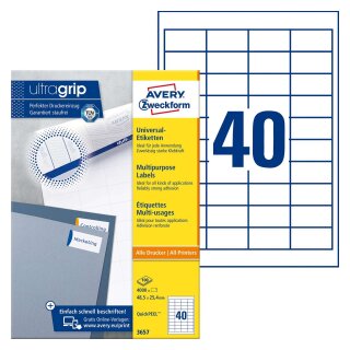 Avery Zweckform® 3657 Universal-Etiketten (A4, Papier matt, 4.000 Etiketten, 48,5 x 25,4 mm) 100 Blatt weiß
