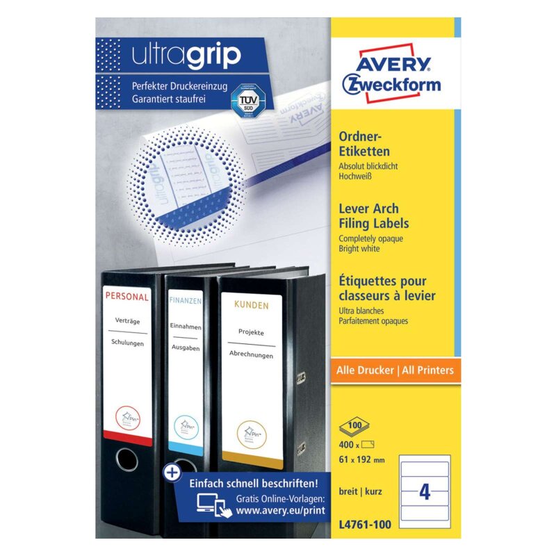 HERMA 4297 Ordnerrücken Etiketten kurz breit, 100 Blatt, 192 x 61 mm, 4 pro A4 Bogen, 400 Stück, selbstklebend, bedruckbar, blickdicht, blanko Papier HERMA 4297 Ordnerrücken Etiketten kurz breit, 100 Blatt, 192 x 61 mm, 4 pro A4 Bogen, 400 Stück, selbstklebend, bedruckbar, blickdicht, blanko Papier