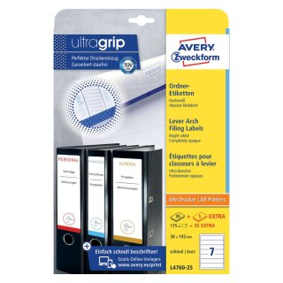 Avery Zweckform® L4760-25 Ordner-Etiketten, 38 x 192 mm, schmale Ordner (kurz), 30 Bogen/210 Etiketten, weiß