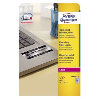 Avery Zweckform® L6009-20 Typenschild-Etiketten - A4, 960 Stück, 45,7 x 21,2 mm, wetterfest, 20 Blatt silber
