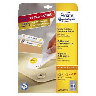 Avery Zweckform® L4731REV-25 Universal-Etiketten, 25,4 x 10 mm, 30 Bogen/5.670 Etiketten, weiß
