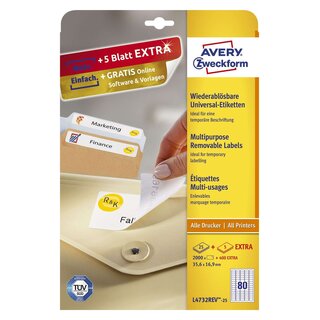Avery Zweckform® L4732REV-25 Universal-Etiketten, 35,6 x 16,9 mm, 30 Bogen/2.400 Etiketten, weiß