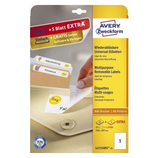 Avery Zweckform® L4735REV-25 Universal-Etiketten, 210 x 297 mm, 30 Bogen/30 Etiketten, weiß