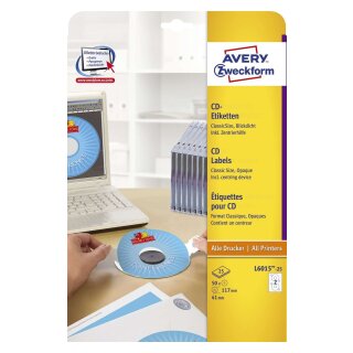 Avery Zweckform® L6015-25 CD-Etiketten, Ø 117 mm, 25 Blatt/50 Etiketten, weiß