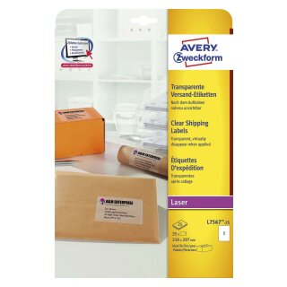 Avery Zweckform® L7567-25 Versand-Etiketten (A4, 25 Stück, 210 x 297 mm) 25 Blatt transparent