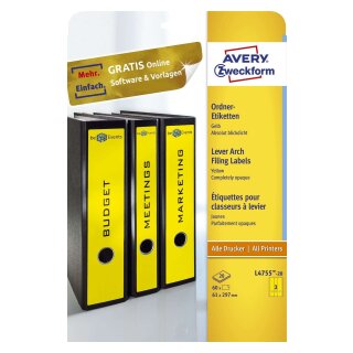Avery Zweckform® L4755-20 Ordner-Etiketten - breit/lang, (A4 - 20 Blatt) 60 Stück, gelb