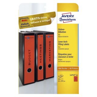 Avery Zweckform® L4752-20 Ordner-Etiketten - breit/lang, (A4 - 20 Blatt) 60 Stück, rot