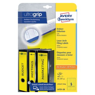 Avery Zweckform® L4751-20 Ordner-Etiketten - schmal/lang, (A4 - 20 Blatt) 100 Stück, gelb