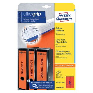 Avery Zweckform® L4748-20 Ordner-Etiketten - schmal/lang, (A4 - 20 Blatt) 100 Stück, rot