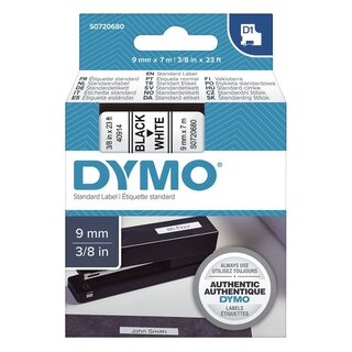 Dymo Schriftband D1, Kunststoff, laminiert, 7 m x 9 mm, Schwarz/Weiß