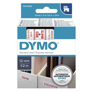 Dymo Schriftband D1, Kunststoff, laminiert, 7 m x 12 mm, Rot/Weiß