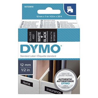 Dymo Schriftband D1, Kunststoff, laminiert, 7 m x 12 mm, Weiß/Schwarz