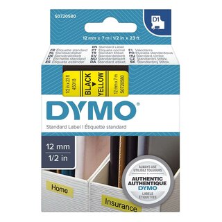 Dymo Schriftband D1, Kunststoff, laminiert, 7 m x 12 mm, Schwarz/Gelb