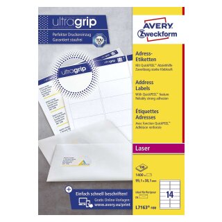 Avery Zweckform® L7163-100 Adress-Etiketten (A4, 1.400 Stück, 99,1 x 38,1 mm) 100 Blatt weiß