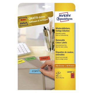 Avery Zweckform® L6038-20 Farbige Etiketten, wiederablösbar, 45,7 x 21,2 mm, 20 Blatt/960 Etiketten, rot