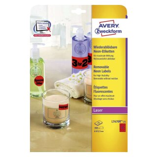 Avery Zweckform® L7670R-25 Etiketten in Sonderfarben, Ø 63,5 mm, 25 Blatt/300 Etiketten, neonrot