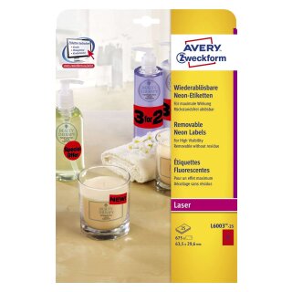 Avery Zweckform® L6003-25 Etiketten in Sonderfarben, 63,5 x 29,6 mm, 25 Blatt/675 Etiketten, neonrot