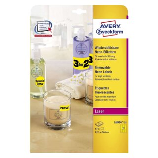 Avery Zweckform® L6004-25 Etiketten in Sonderfarben, 63,5 x 29,6 mm, 25 Blatt/675 Etiketten, neongelb