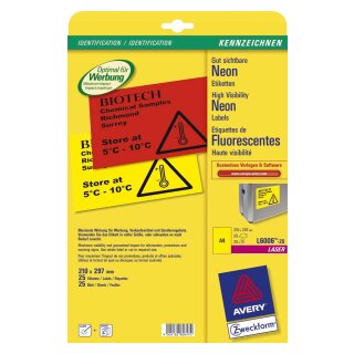 Avery Zweckform® L6006-25 Etiketten in Sonderfarben, 210 x 297 mm, 25 Blatt/25 Etiketten, neongelb