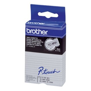 Brother® TC-M91 Schriftbandkassetten, laminiert, 9 mm x 7,7 m, schwarz auf farblos matt