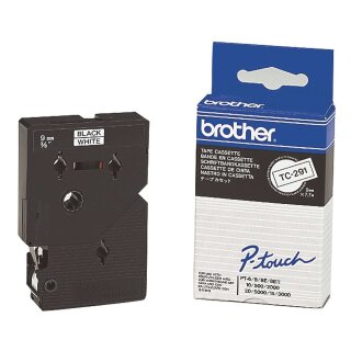 Brother® TC-291 Schriftbandkassetten, laminiert, 9 mm x 7,7 m, schwarz auf weiß