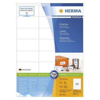 Herma 4453 Etiketten Premium A4, weiß 70x36 mm Papier matt 2400 St.