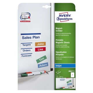 Avery Zweckform® J8867-5 Magnet-Schilder, 210 x 297 mm, spezialbeschichtet, 5 Blatt/5 Etiketten, weiß