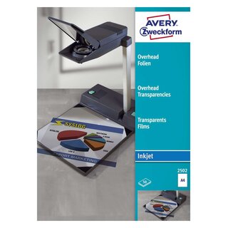 Avery Zweckform® 2502 Overhead-Folien, DIN A4, spezialbeschichtet, stapelverarbeitbar, Stärke: 0,11 mm, 50 Blatt