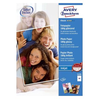 Avery Zweckform® 2496 Classic Inkjet Fotopapier - DIN A4, glänzend, 180 g/qm, 100 Blatt