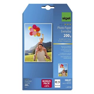 Sigel® Inkjet Fotopapier Everyday - 10x 15 cm, hochglänzend, 200 g/qm, 60 + 12 Blatt