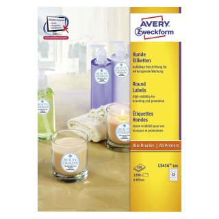 Avery Zweckform® L3416-100 Etiketten in Sonderformaten, Ø 60 mm, 100 Blatt/1.200 Etiketten, weiß