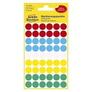 Avery Zweckform® 3088 Markierungspunkte, Ø 12 mm, 5 Blatt/270 Etiketten, farbig sortiert