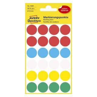 Avery Zweckform® 3089 Markierungspunkte, Ø 18 mm, 4 Blatt/96 Etiketten, farbig sortiert