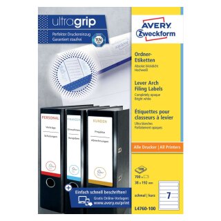 Avery Zweckform® L4760-100 Ordner-Etiketten - schmal/kurz, (A4 - 100 Blatt) 700 Stück, weiß