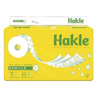 Hakle® Toilettenpapier PLUS mit Kamille - 3-lagig, geprägt, Porenprägung, weiß mit Dekor, Rolle mit 150 blatt, 8 Rollen