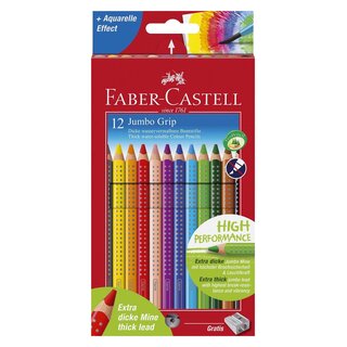 Faber-Castell Buntstift Jumbo GRIP - 12 Farben sortiert und Spitzer, Kartonetui