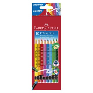 Faber-Castell Buntstift Colour GRIP Radierbare - 10 Farben sortiert mit Radiergummi, Kartonetui