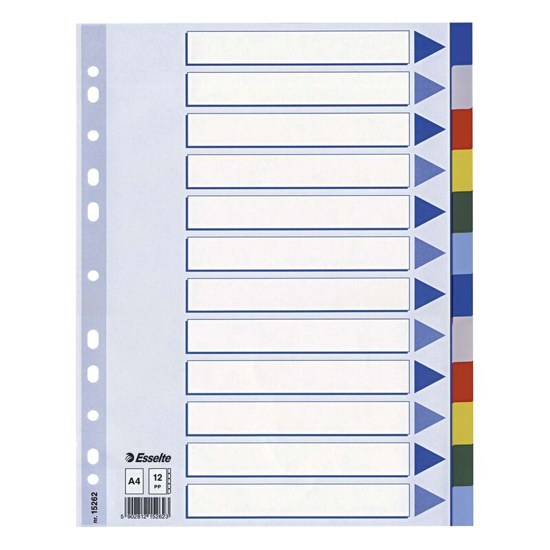 Esselte Register - blanko, A4, PP, 12-teilig + Deckblatt, farbig, 4,4
