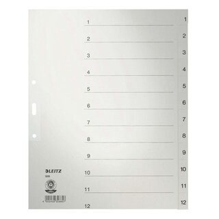 Leitz 1233 Zahlenregister - 1-12, Papier, A4 Überbreite, 12 Blatt, grau