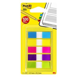 Post-it® Index Mini, Etui mit 5 x 20 Streifen - 11,9 x 43,2 mm, türkis, gelb, pink, lila, lemon