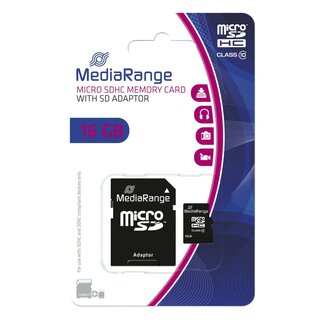 MediaRange Micro SDHC Speicherkarte 16GB Klasse 10 mit SD-Karten Adapter