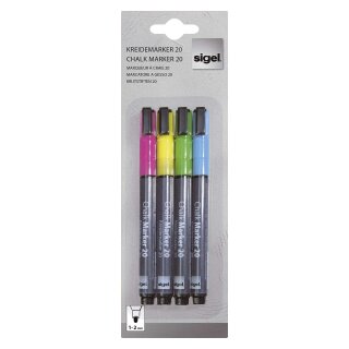 Sigel® Kreidemarker 20 - Rundspitze 1-2 mm, pink / gelb / grün / blau, 4 Stück