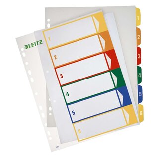 Leitz 1292 Zahlenregister - PP, blanko, bedruckbar, A4 Überbreite, 6 Blatt, farbig