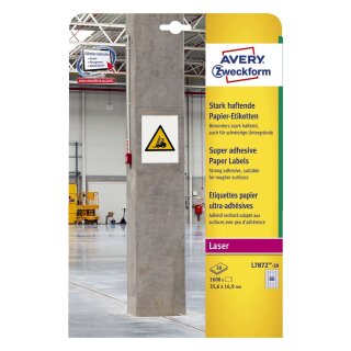 Avery Zweckform® L7872-20 Papier-Etiketten - A4, 1.600 Stück, 35,6 x 16,9 mm, stark haftend, weiß