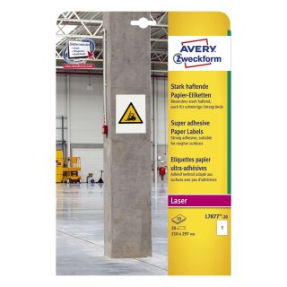 Avery Zweckform® L7877-20 Papier-Etiketten - A4, 20 Stück, 210 x 297 mm, stark haftend, weiß